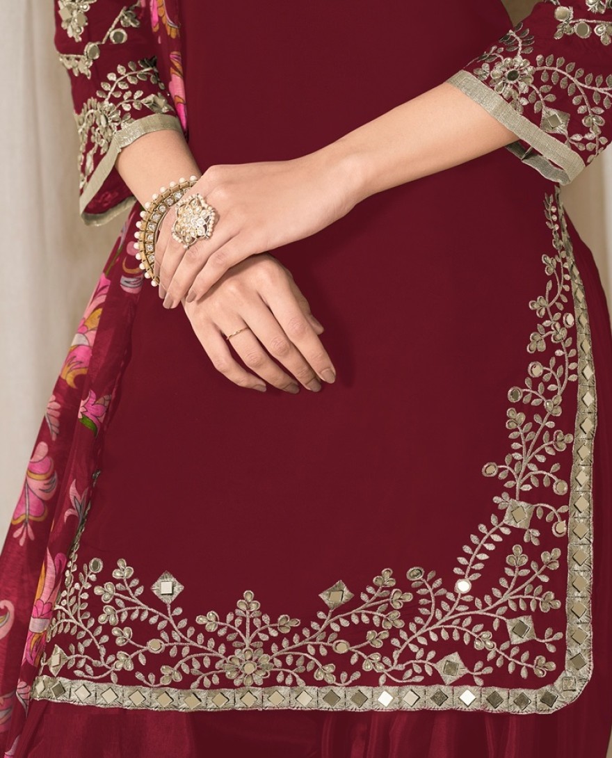 225-maroon - Mirror Work Maroon Embroidered Punjabi Suit